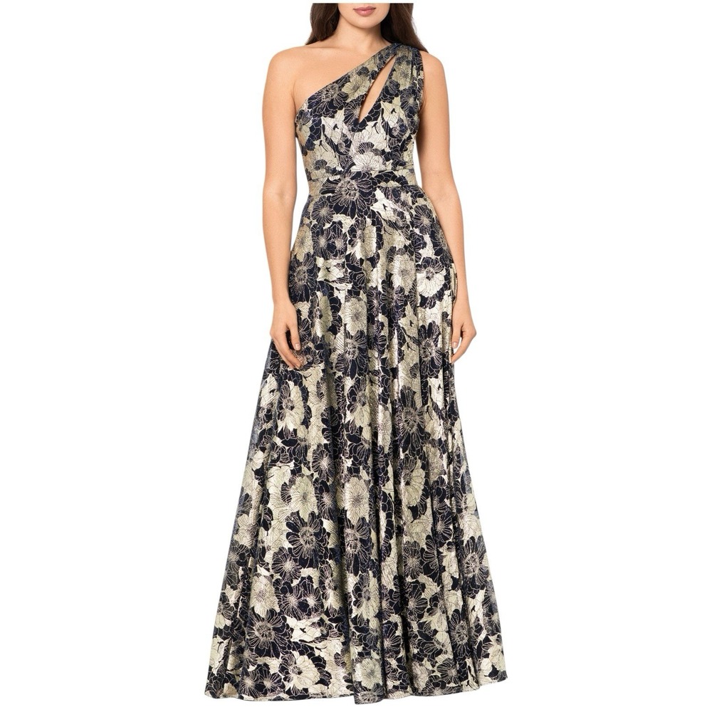 Betsy & Adam Metallic Floral One-Shoulder Sheath Gown. Sz 12